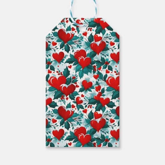 雪の赤いクリスマスハートとホリー ギフトタグ (正面)