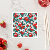 雪の赤いクリスマスハートとホリー スタンダードカクテルナプキン (インサイチュ)