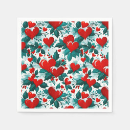 雪の赤いクリスマスハートとホリー スタンダードカクテルナプキン