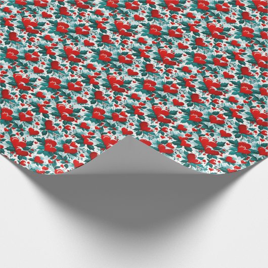 雪の赤いクリスマスハートとホリー ラッピングペーパー (角)