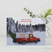 雪の赤いトラックのクリスマスパーティ ヴィンテージスタイルのクリスマス 招待状 (スタンド正面)