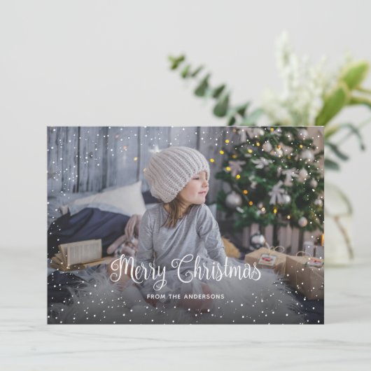 雪の赤いバッファローのプレイド写真クリスマスカード シーズンカード (スタンド正面)