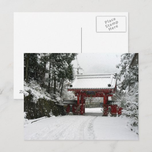 雪の赤い寺門 ポストカード (正面/裏面)
