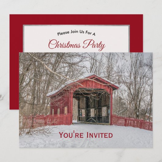 雪の赤い屋根の橋の写真 招待状 (正面/裏面)