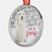 雪の赤い手書きのオーバーレイ写真を メタルオーナメント (左)