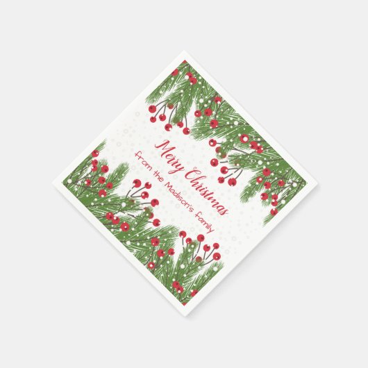雪の赤い果実、松のクリスマス スタンダードカクテルナプキン (角)