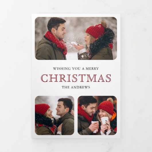 雪の赤い納屋の森の写真コラージクリスマス 三つ折りクリスマスカード (カバー)