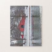 雪の赤い納屋の絵画 ジグソーパズル (縦)
