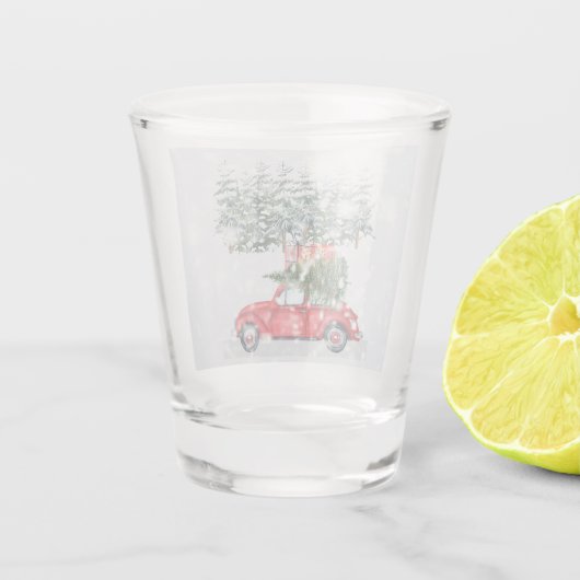 雪の赤い車クリスマスツリーとギフト， ZSSP ショットグラス (裏面)