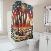 「雪の赤い金ゴールドと緑のクリスマスの街並み」 シャワーカーテン (インサイチュ)