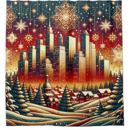 「雪の赤い金ゴールドと緑のクリスマスの街並み」 シャワーカーテン