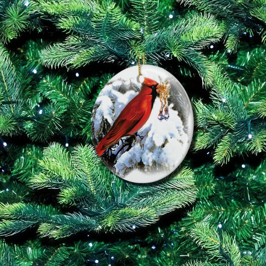 雪の赤い鳥 セラミックオーナメント