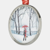雪の赤の傘のロマンチックなカップルの踊り メタルオーナメント (左)