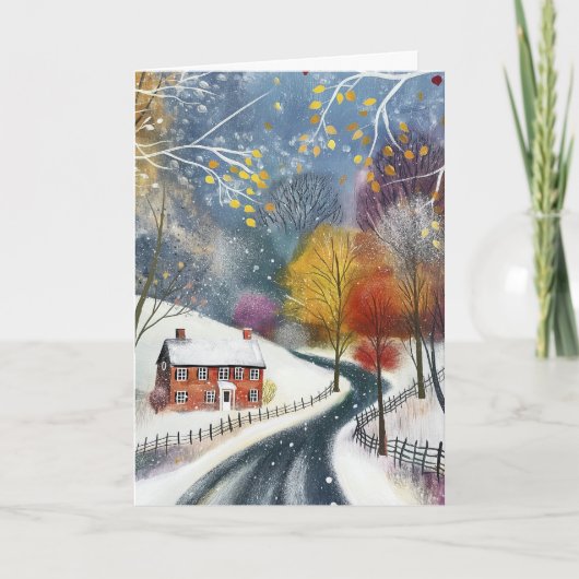 雪の赤レンガの家 ハロー 挨拶 カード (正面)