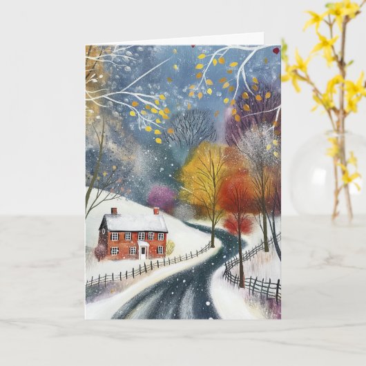 雪の赤レンガの家 ハロー 挨拶 カード (黄色い花)