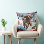 雪の走プードルのクリスマス帽子 クッション (椅子)