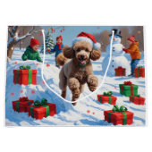 雪の走プードルのクリスマス帽子 ラージペーパーバッグ (正面)
