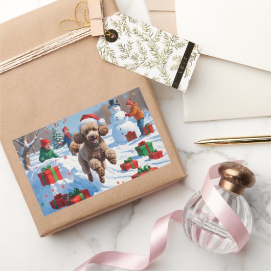 雪の走プードルのクリスマス帽子 長方形シール (ギフト)
