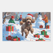 雪の走プードルのクリスマス帽子 長方形シール (正面)