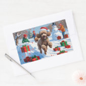 雪の走プードルのクリスマス帽子 長方形シール (封筒)