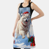 雪の走中のサモエイのクリスマス帽子 エプロン (インサイチュ)