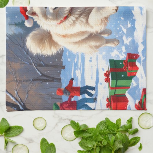 雪の走中のサモエイのクリスマス帽子 キッチンタオル (折り畳み)