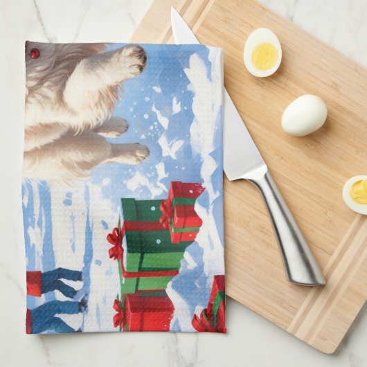 雪の走中のサモエイのクリスマス帽子 キッチンタオル (四つ折り)