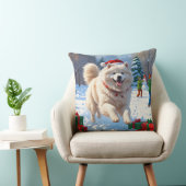 雪の走中のサモエイのクリスマス帽子 クッション (椅子)