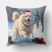 雪の走中のサモエイのクリスマス帽子 クッション (裏面)