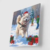 雪の走中のサモエイのクリスマス帽子 スクエア壁時計 (傾斜)