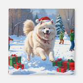 雪の走中のサモエイのクリスマス帽子 マグネット (正面)