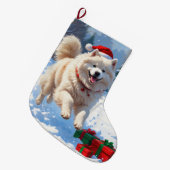 雪の走中のサモエイのクリスマス帽子 ラージクリスマスストッキング (正面 (吊り時))