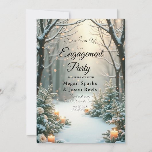 雪の輝くキャンドルライトの霜の降りた常緑樹 招待状 (正面)