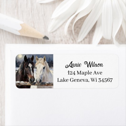 雪の農場の2頭の馬 | オリジナルデザイン ラベル (インサイチュ)