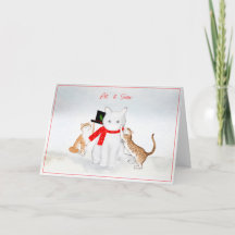 雪の遊クリスマスカードに猫がいる