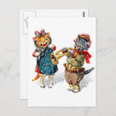 雪の遊中のラッパと三角形のかわいい猫 ポストカード (正面/裏面)