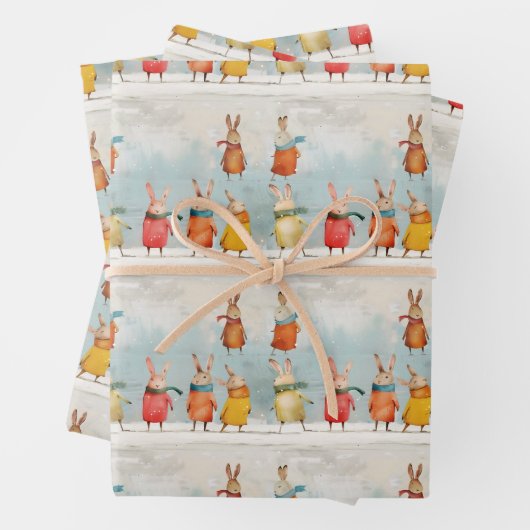 雪の遊中の可愛いウサギ ラッピングペーパーシート (インサイチュ)