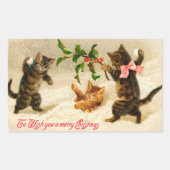 雪の遊中の猫のクリスマスステッカー 長方形シール (正面)