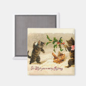 雪の遊中の猫のクリスマス マグネット (正面/裏面)