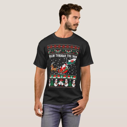雪の醜いクリスマスのセーターを通したウェールズ Tシャツ (正面フル)