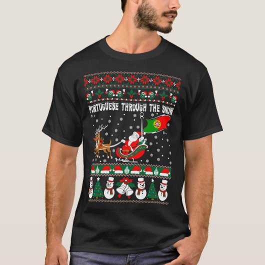 雪の醜いクリスマスのセーターを通したポルトガル語 Tシャツ (正面)