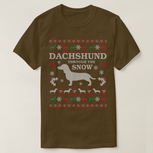 雪の醜いクリスマスセーターを通ってダックスシュント Tシャツ (デザイン正面)