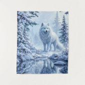 雪の野生のオオカミ黄色のネオンの目装飾 タペストリー (正面)