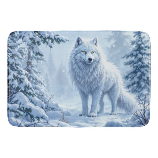 雪の野生のオオカミ黄色のネオンの目装飾 バスマット (正面)