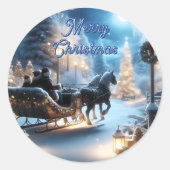 雪の降るクリスマスの夜のそりに乗る ラウンドシール (正面)