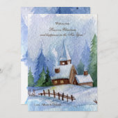 雪の降るクリスマスカードの教会 シーズンカード (正面/裏面)