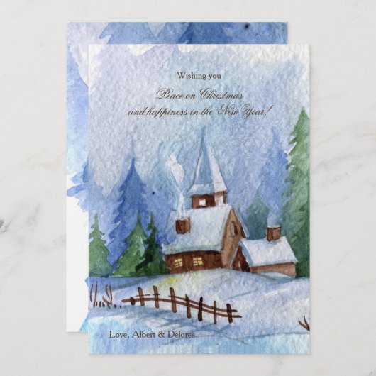 雪の降るクリスマスカードの教会 シーズンカード (正面/裏面)