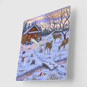 雪の降るクリスマスシーンの冬のキャビンシカ スクエア壁時計 (傾斜)