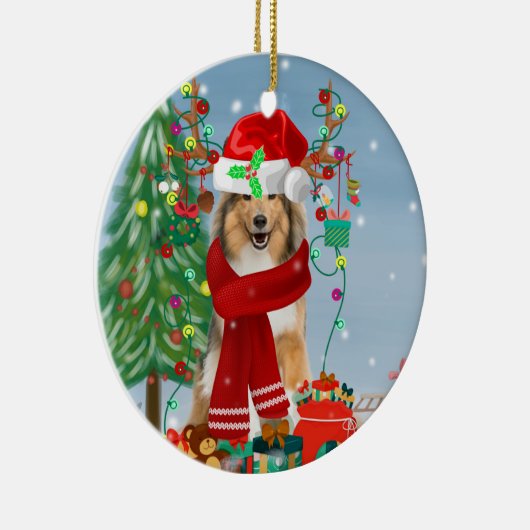 雪の降るクリスマスプレゼントのコリー犬   セラミックオーナメント (右)