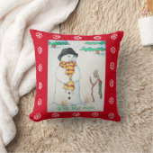 雪の降るシーンのクリスマスに笑顔を見せるかわいい雪だるま クッション (ブランケット)